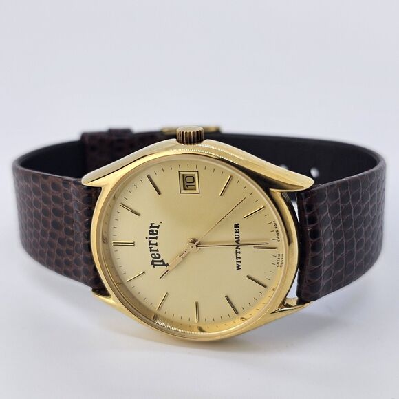 Longines Wittnauer Perrier Unisex Watch 33MM Gold Dial Date Brown Bands NewBatt - Picture 1 of 13